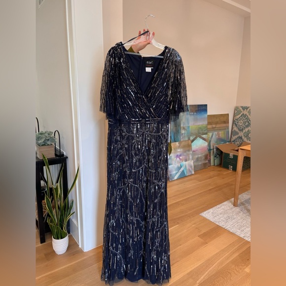 Embellished Cap Sleeve Faux Wrap Trumpet Gown - Picture 2 of 2